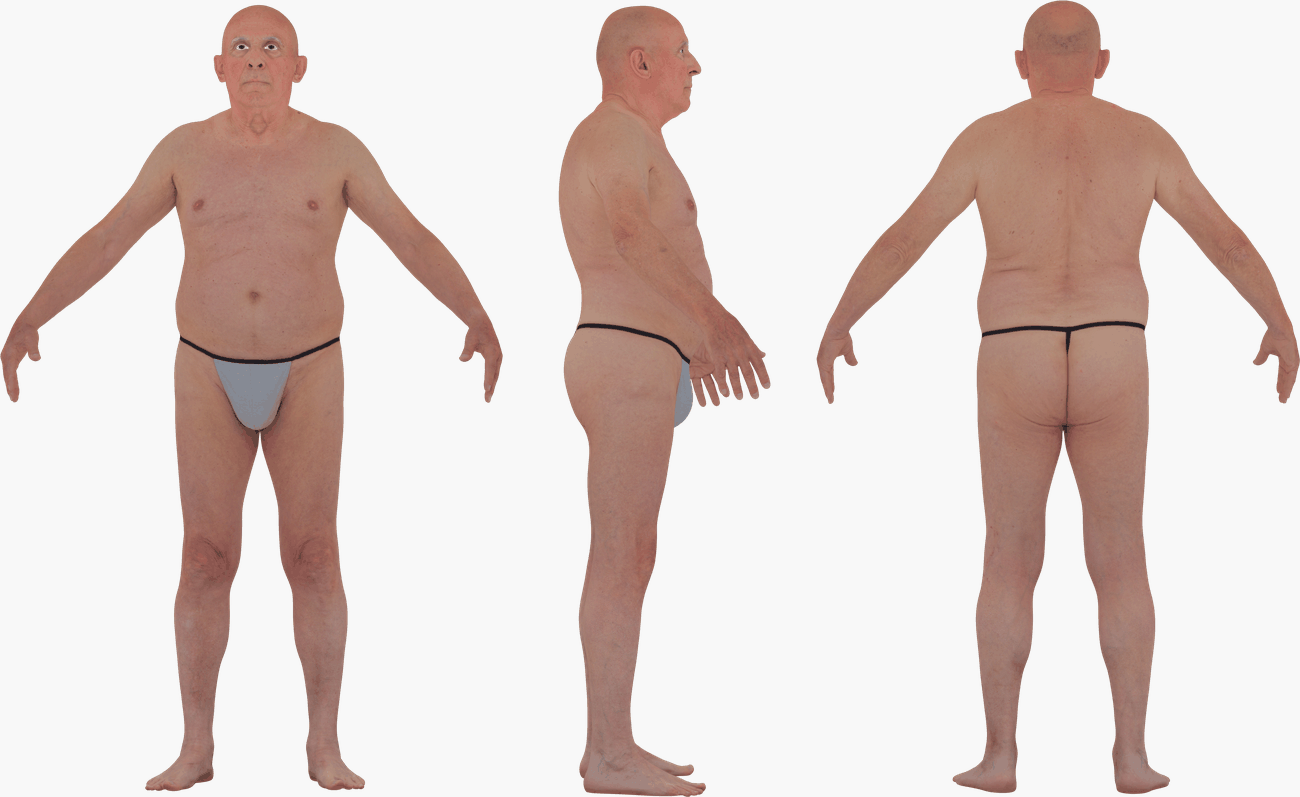 PBR texture map set for an older male 3D body scan, including Albedo, Normals, Specular, Metalness, and Diffuse at 16K